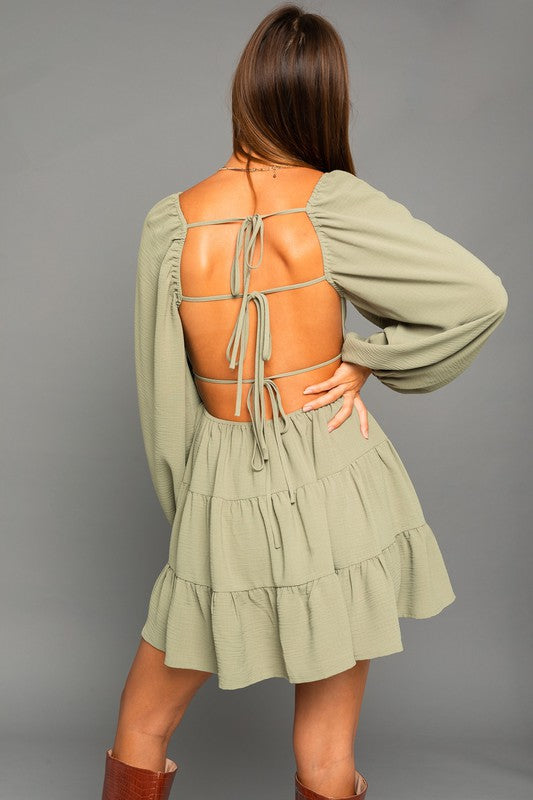 Green Lover - Long Sleeve Open Back Dress