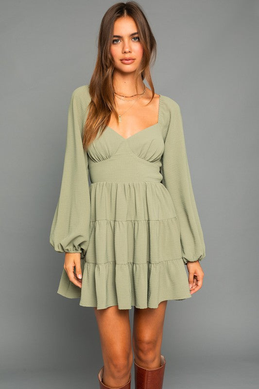 Green Lover - Long Sleeve Open Back Dress