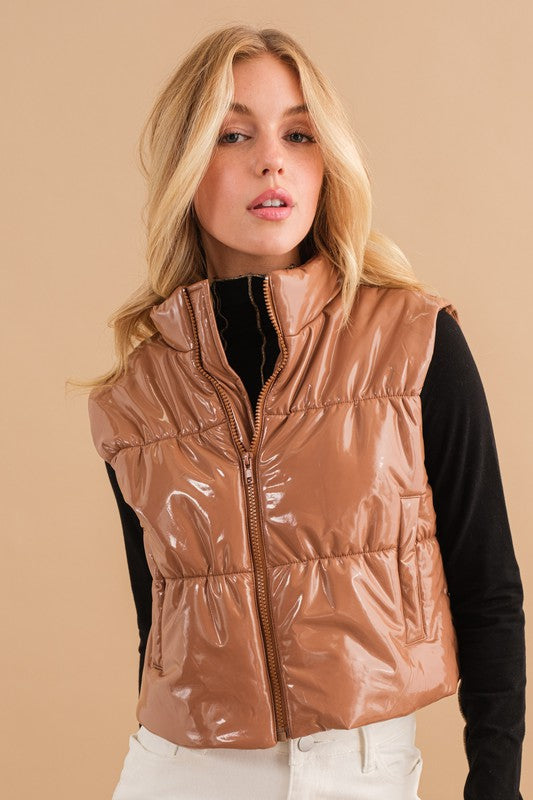 "Glossy Love" Puffer Zip Up Crop Vest