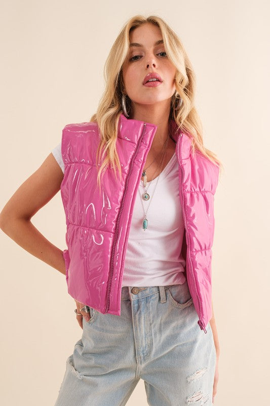 "Glossy Love" Puffer Zip Up Crop Vest