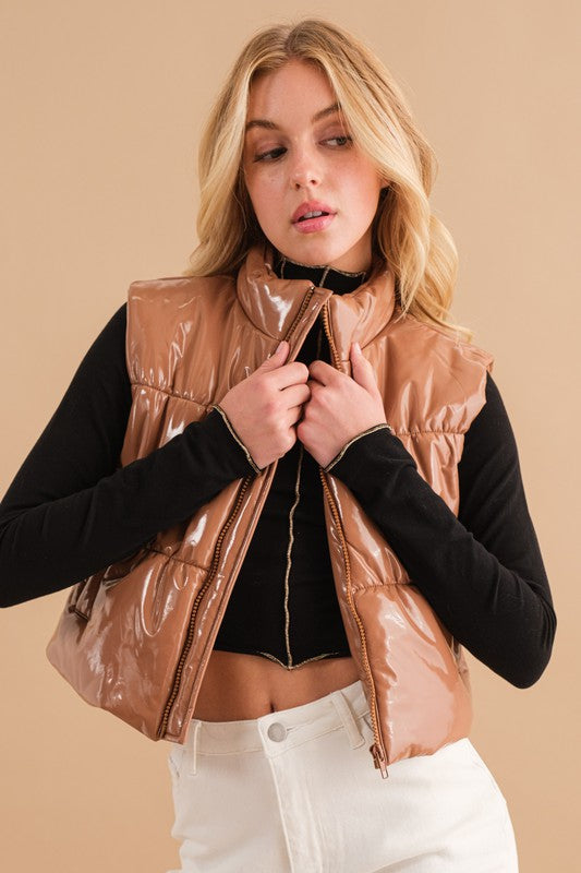 "Glossy Love" Puffer Zip Up Crop Vest