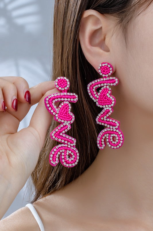 Hot pink love seed bead rhinestone earrings